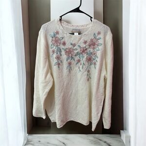 Alfred Dunner Cream Floral Embroidered Sweatshirt women's 2x Ivory